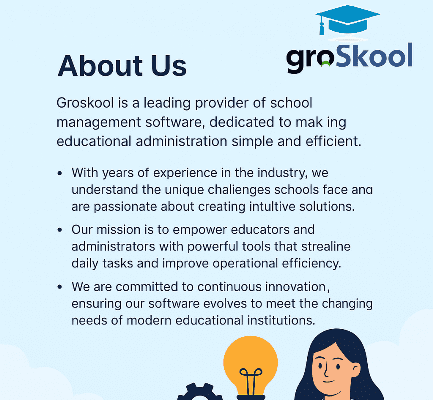 About Us page design for Groskool school management software with logo at top right and student-friendly interface illustration