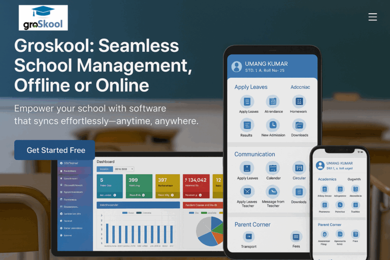 Groskool school management system dashboard and mobile app interface showcasing digital admissions, fee collection, student performance, and parent-teacher communication tools.