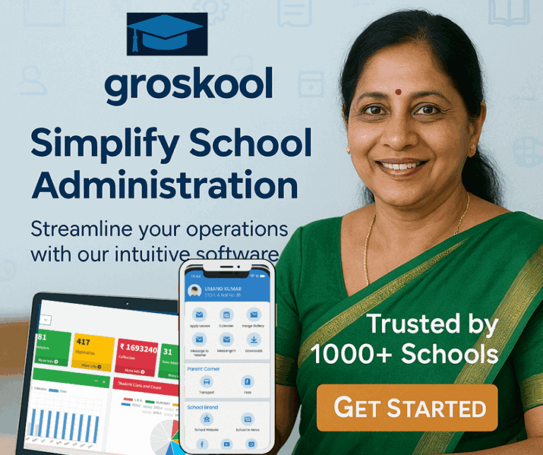 School principal smiling beside GroSkool school management software dashboard and mobile app interface, with headline 'Simplify School Administration' and a call-to-action button 'Get Started'. Trusted by 1000+ schools