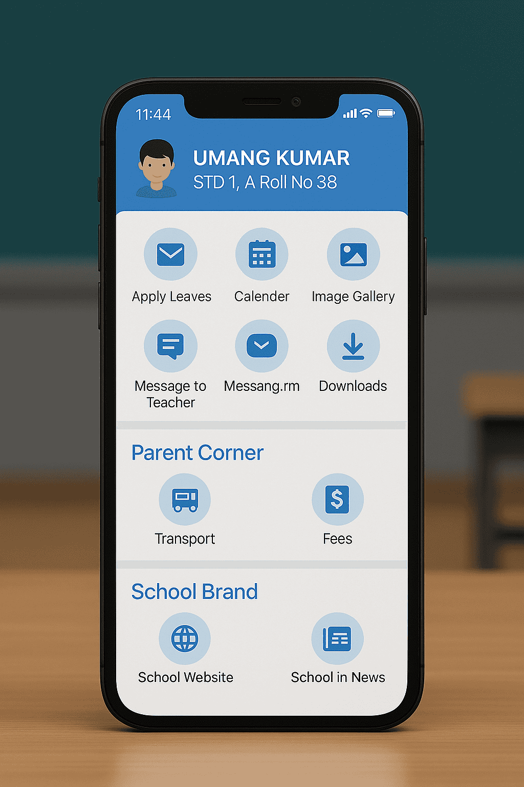 GroSkool mobile app showing real-time attendance and homework updates